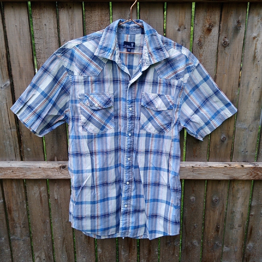 Vintage RK Brand Plaid Short Sleeve Pearl Snap Button Down Shirt Top Pockets